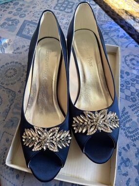 Elegant Park, Navy Satin Peep-Toe Heels with Crystal Accent